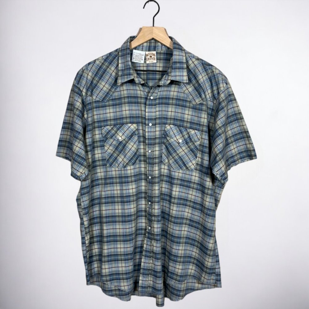 Western Frontier Vintage Blue Plaid Short Sleeve Western Button Down Size XL